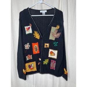 1990s Arriviste Fall Harvest Leaves Patchwork Maximal Granny Teacher Cardigan XL